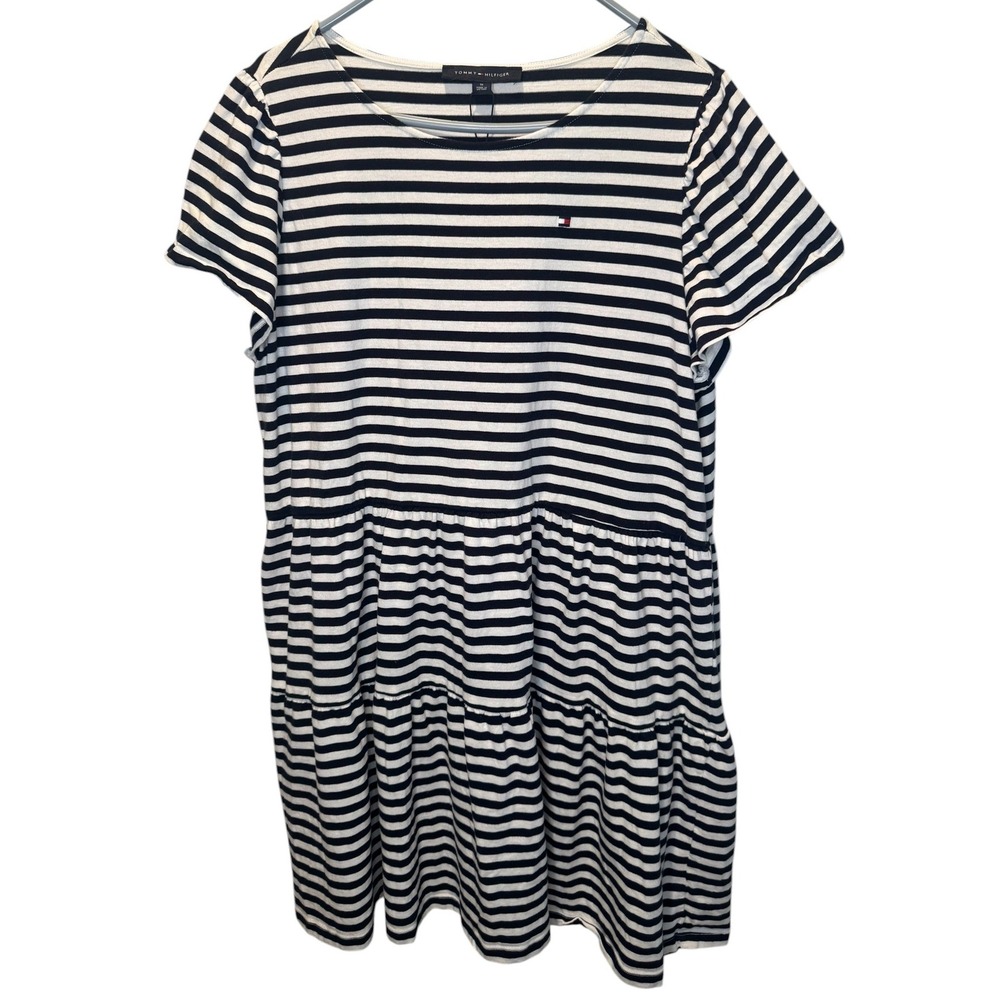 Tommy Hilfiger Womens Plus 1X Navy Blue White Striped Tiered T-Shirt Dress